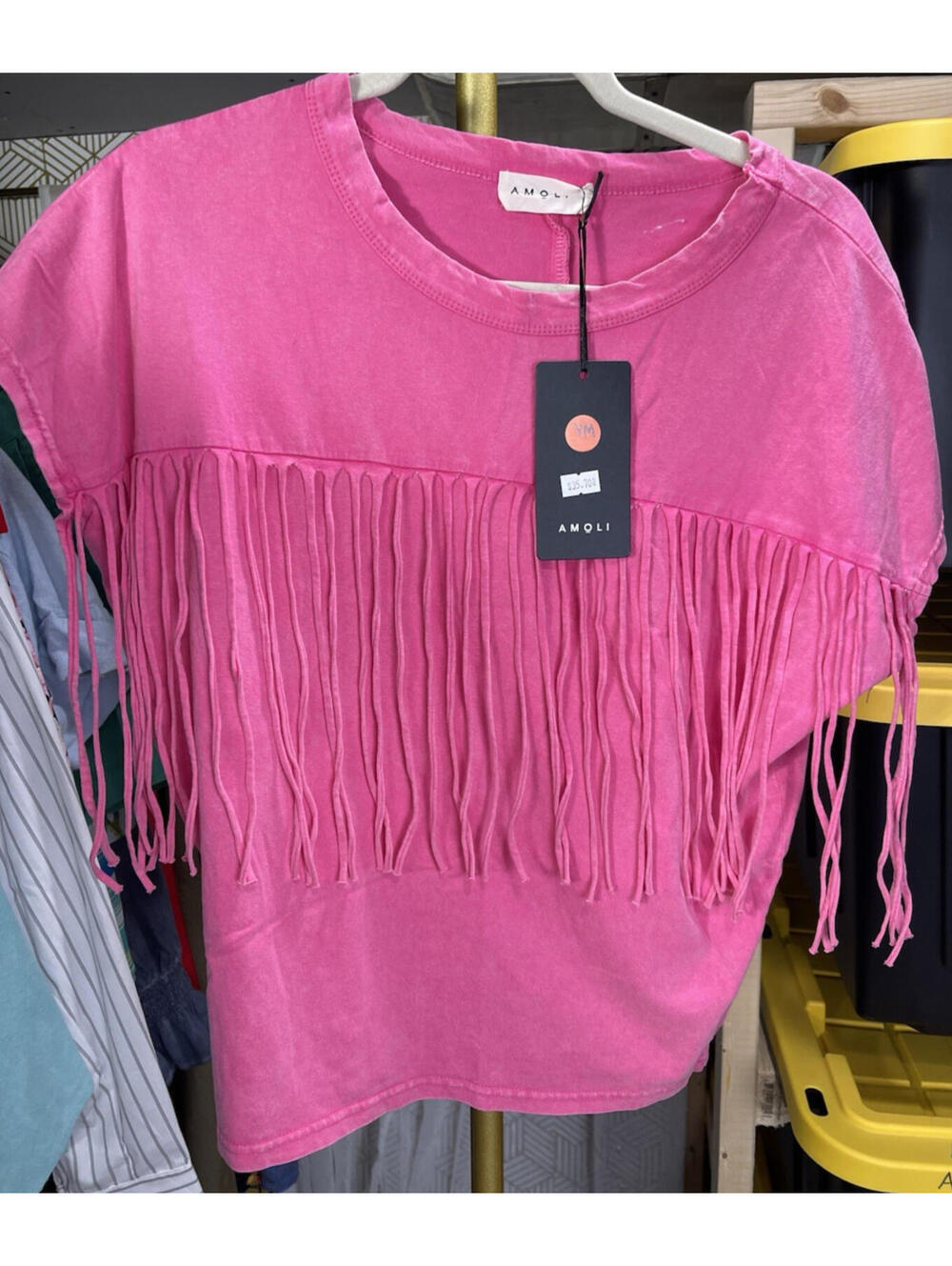 NWT Amoli Pink Fringe Short Sleeve Top S 100% Cotton Festival MSRP $35.70
